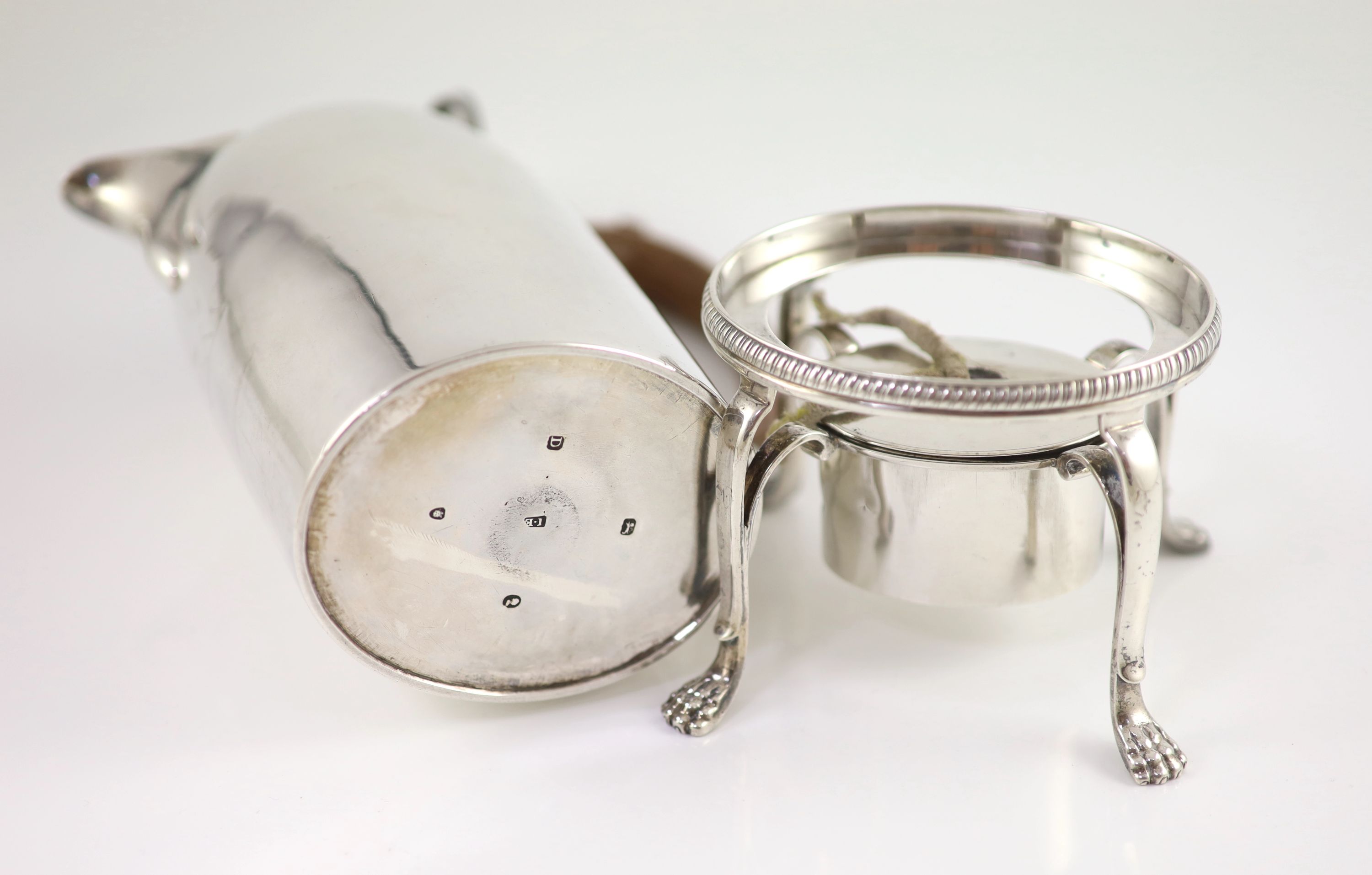 A George III silver oval biggin pot, John Edwards III, London, 1799, on stand with burner, John Edwards III, London, 1803
